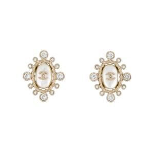 Chanel Golf-tone Pearl Strass Interlocking CC Stud Earrings